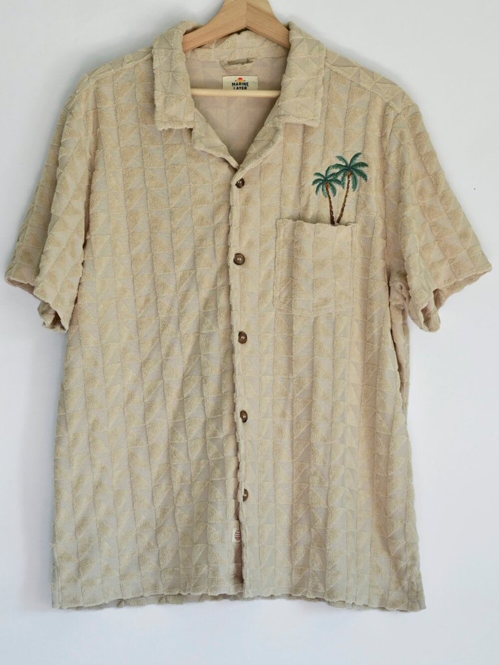 Marine Layer Archive Terry Resort Shirt Cream Palm Tree Jacquard Camp-XL